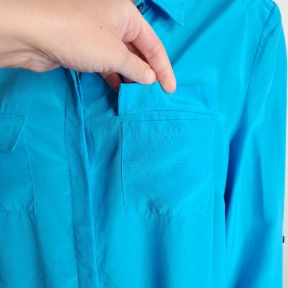 Ann Taylor Blue Silk Long Sleeve Button Down Roll Tab Blouse Size M - Picture 3 of 13